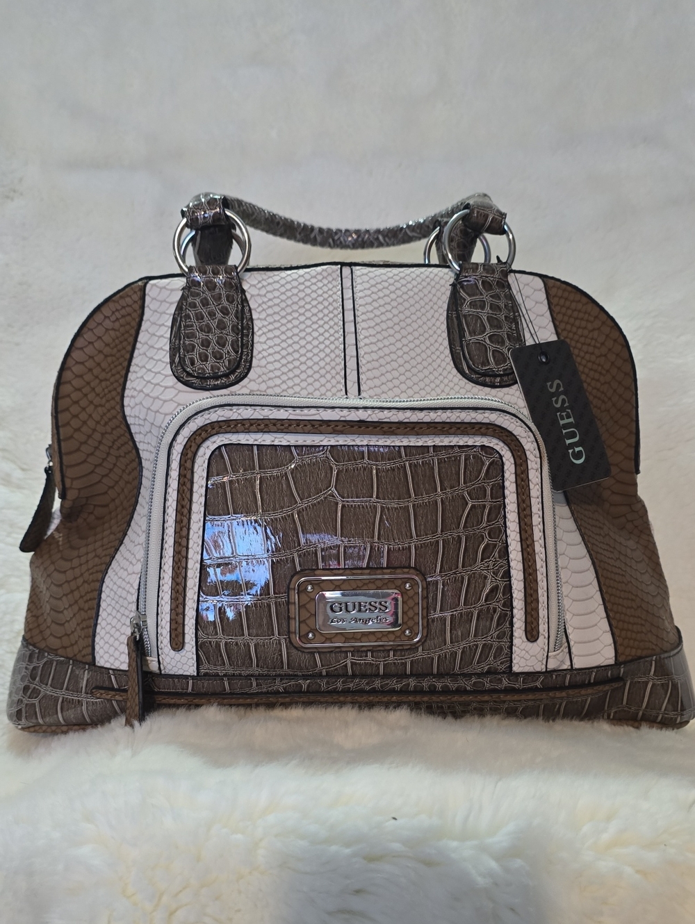 GUESS Brown & White Croc-Embossed Satchel with Top Handles NWT